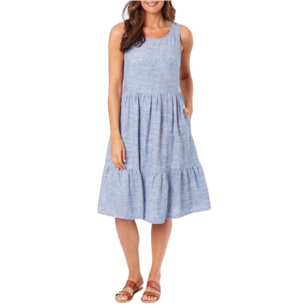 Briggs Women's sleeveless blue linen tiered ruffle dress, Sz L